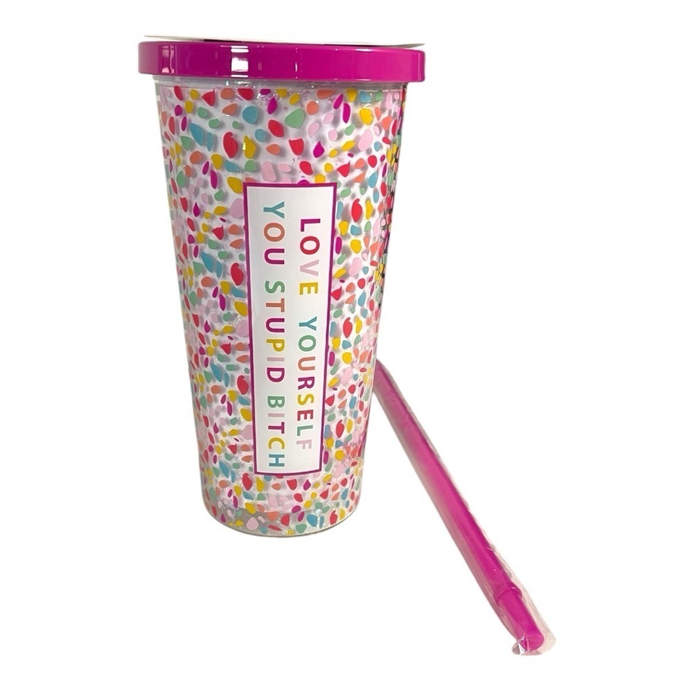 Mugsby “Love Yourself” Confetti Tumbler with Straw - NEW